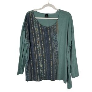 Peruvian‎ Connection Womens XL Long Sleeve Top Pima Cotton Graphic Print Green